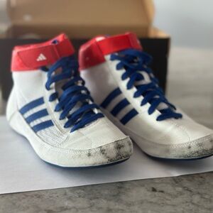 Adidas Kids White and Blue wrestling shoes